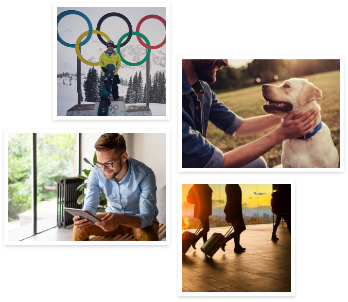 Collage featuring man snowboarding reading traveling and petting dog